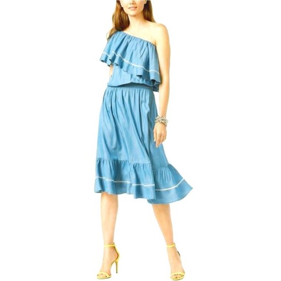 INC Ruffled Chambray One Shoulder Striped Flounce - Picture 1 of 2